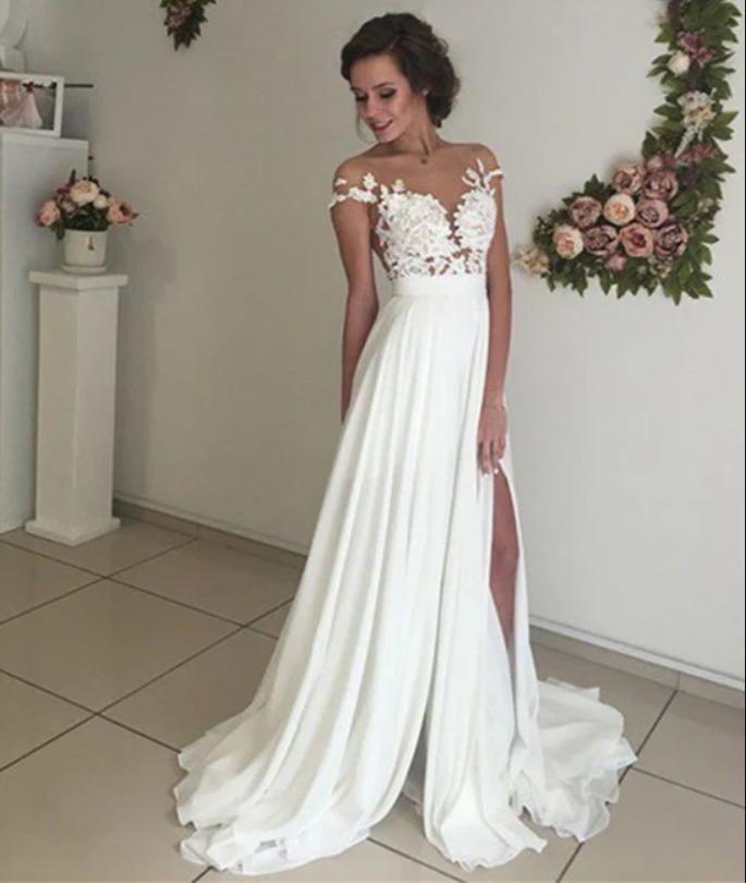 Lady Appliqued Flower Cap Shoulder White Side Slit Long Fashion Wedding Dresses,HS104