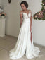 Lady Appliqued Flower Cap Shoulder White Side Slit Long Fashion Wedding Dresses,HS104