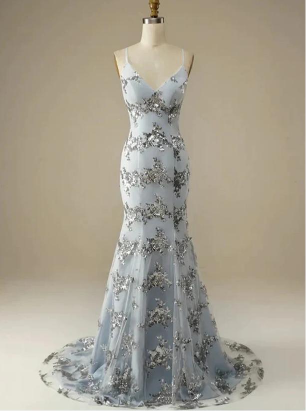 Classy Pale Blue Appliqued Sweetheart Spaghetti Strap Long Prom Evening Dress,ZX300