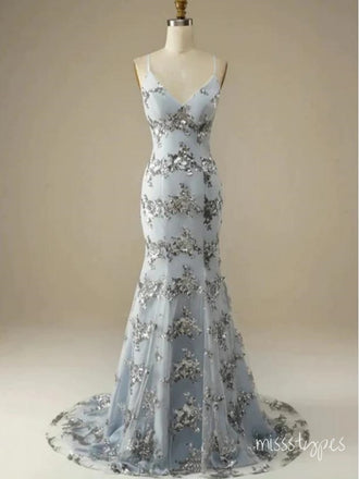 Classy Pale Blue Appliqued Sweetheart Spaghetti Strap Long Prom Evening Dress,ZX300
