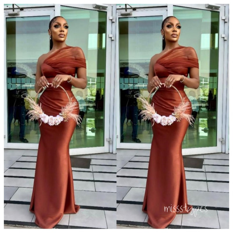 bridesmaid dresses online Vintage Brown Tulle&Satin One Shoulder Mermaid Long Bridesmaid Dresses – MissStypes