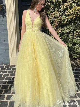 Gorgeous V-neck A-line Long Prom Dress Ideas, Evening Party Dresses,ZX526