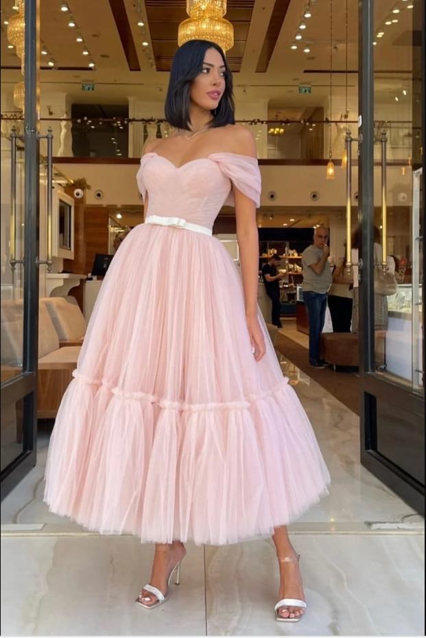 Princess Tulle Off Shoulder Pink Empire Ruffle Party Prom Evening Dress,ZX190