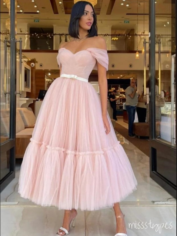 Princess Tulle Off Shoulder Pink Empire Ruffle Party Prom Evening Dress,ZX190