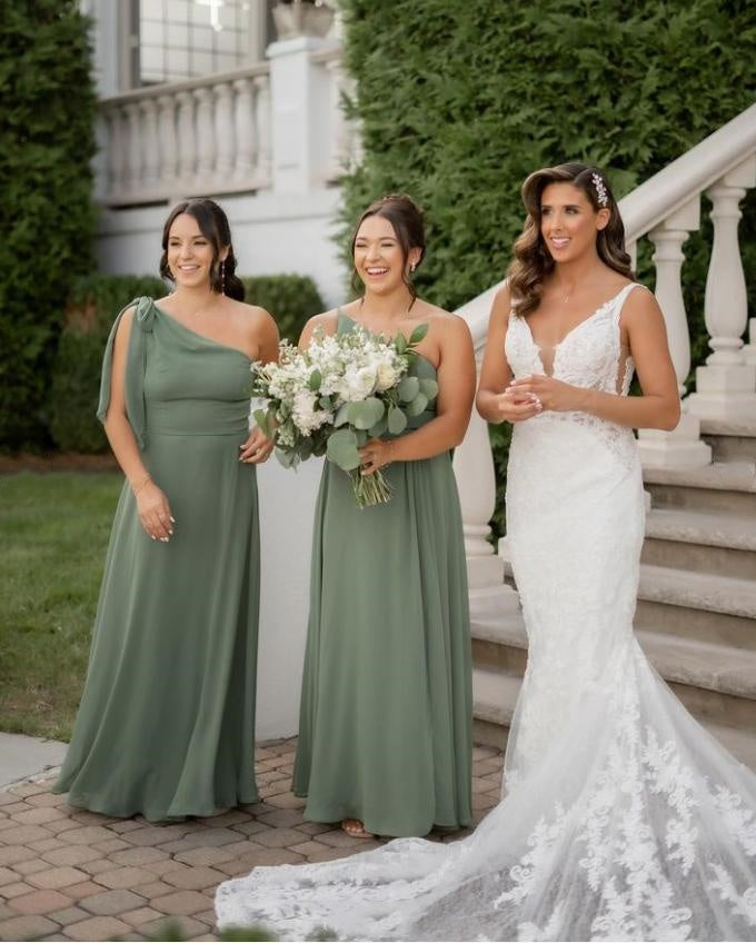 Mismatched Green Satin Women Floor-Length Bridesmaid Dresses Online, BL155