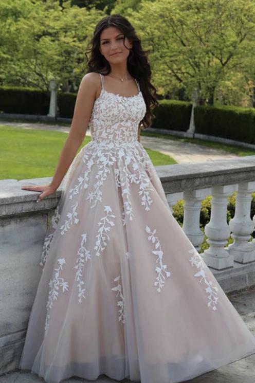 Classy Appliqued Square Spaghetti Strap Beige Tulle A-Line Long Prom Evening Dress,ZX261