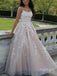 Classy Appliqued Square Spaghetti Strap Beige Tulle A-Line Long Prom Evening Dress,ZX261