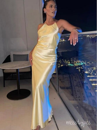 Elegant Halter Yellow Sleeveless Women Sexy Mermaid Long Prom Evening Dress,ZX285