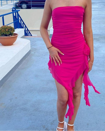 Rose Pink Sexy Strapless High Low Women Party Homecoming Dresses,HM229