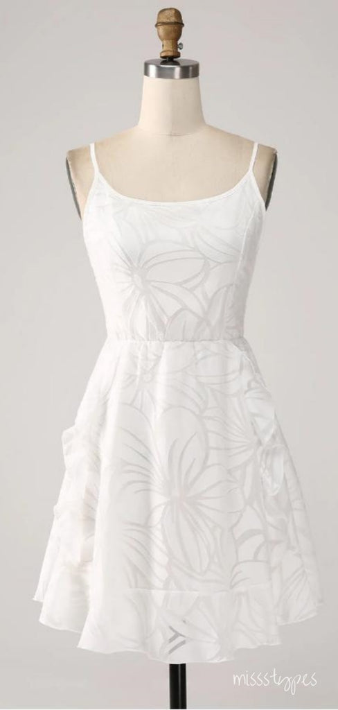 White Simple Spaghetti Strap Mini Homecoming Dresses, HM86