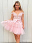 Cute Off Shoulder Ruffle Tulle Bow Pink Mini New Arrival Homecoming Dresses,HM165