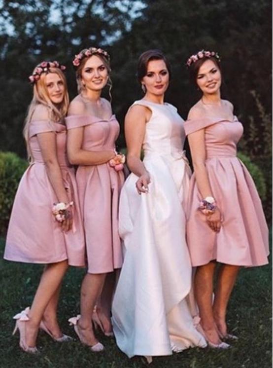 Simple Pearl Pink Off Shoulder Tea-Length Women Bridesmaid Dresses Online, BL110