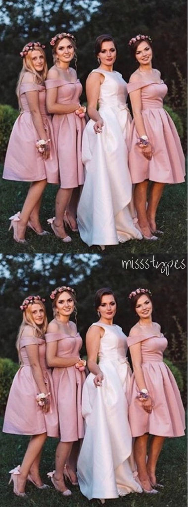 Simple Pearl Pink Off Shoulder Tea-Length Women Bridesmaid Dresses Online, BL110