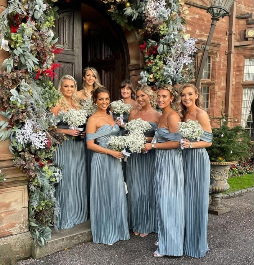 Graceful Blue Off Shoulder A-Line Satin Floor-Length Bridesmaid Dresses Online, BL173