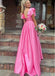 Rose Red Ruffle V-Neck Long Front Slit Satin Evening Prom Evening Dress,ZX205