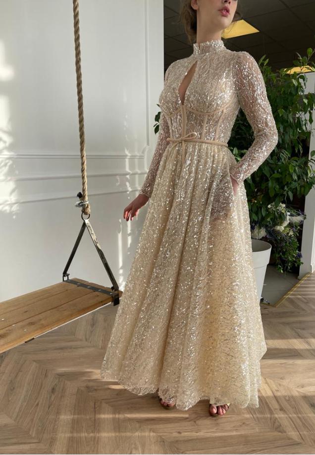 Vintage Champagne High-Neck Full Sleeve V-Neck A-Line Fashion Wedding Dresses,HS76