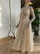 Vintage Champagne High-Neck Full Sleeve V-Neck A-Line Fashion Wedding Dresses,HS76