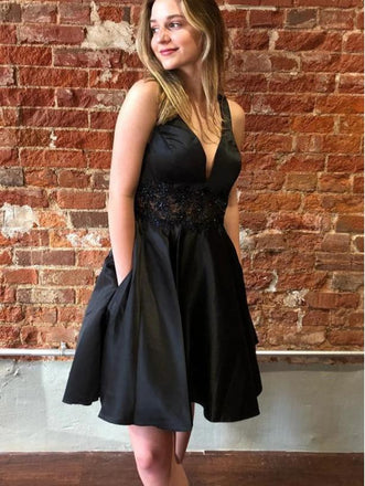 V-Neck Lace Black Empire Sexy Mini New Arrival Homecoming Dresses,HM174