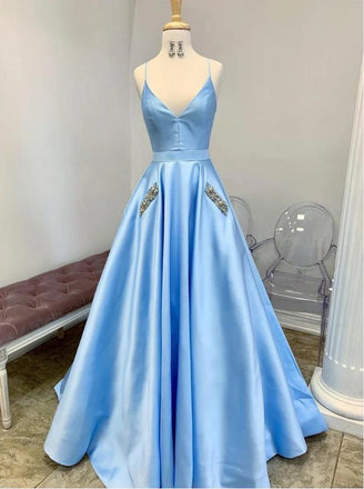 Blue Simple Beading V-Neck A-Line Spaghetti Strap With Trailing Long Prom Evening Dress,ZX296