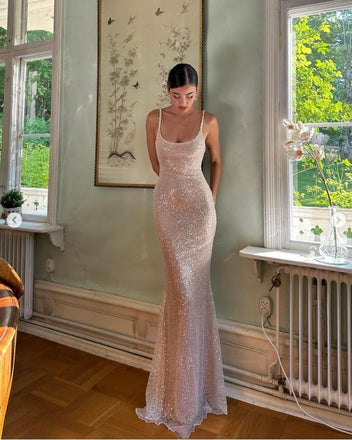 Sparkly Champagne Spaghetti Strap Mermaid Sheath Long Prom Evening Dress,ZX267