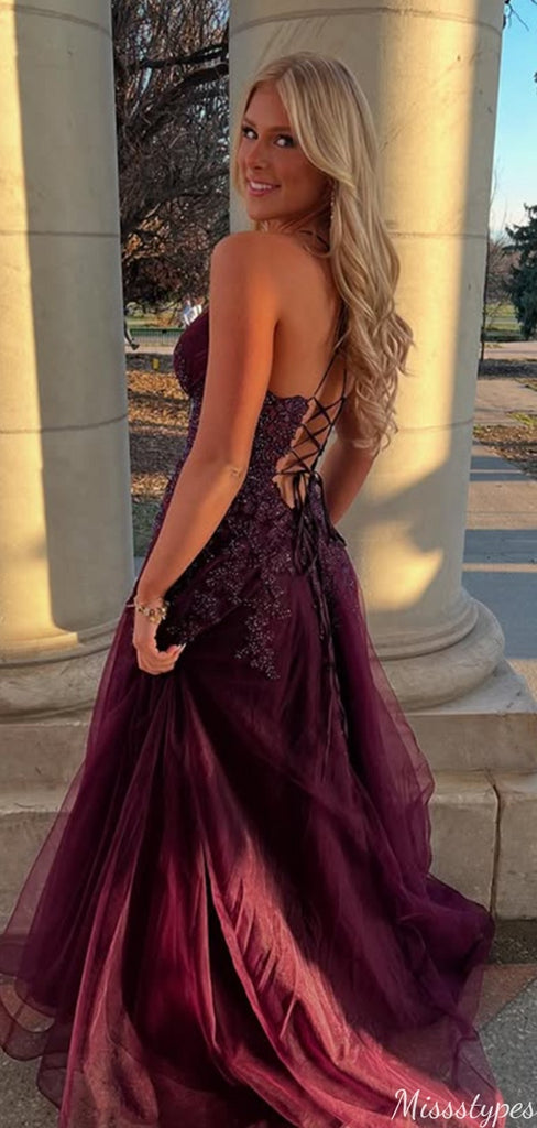 Sexy V-neck Spaghetti Strap Lace A-line Long Prom Dress Ideas, Evening Party Dresses,ZX762