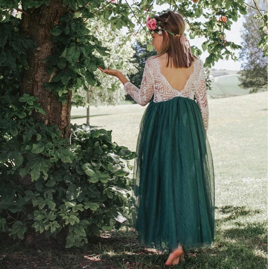 Elegant White Green Full Sleeve Tulle A-Line Princess Cute Little Flower Girl Dresses, ET60