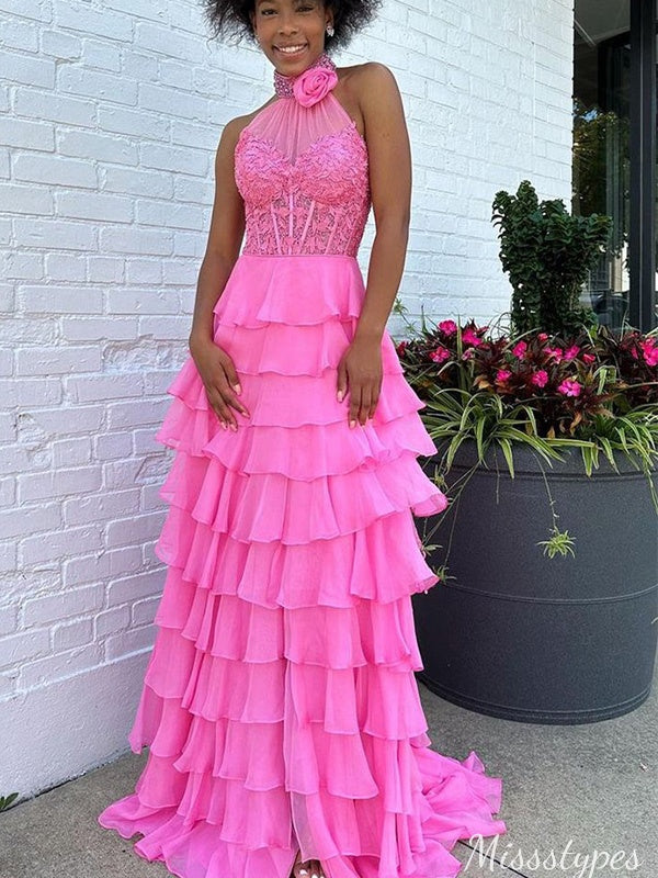 Gorgeous Halter Lace A-line Long Prom Dress Ideas, Evening Party Dresses,ZX763