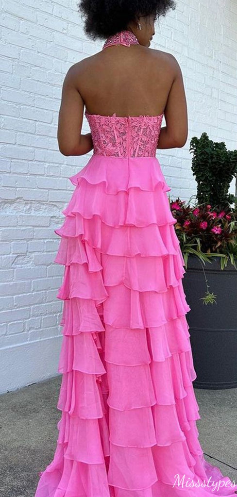 Gorgeous Halter Lace A-line Long Prom Dress Ideas, Evening Party Dresses,ZX763