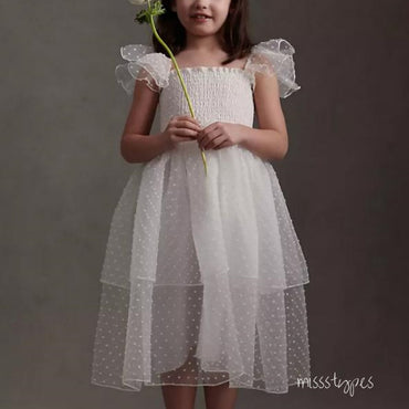 White Off Shoulder Beautiful Tulle Layered Long Little Flower Girl Dresses, ET53