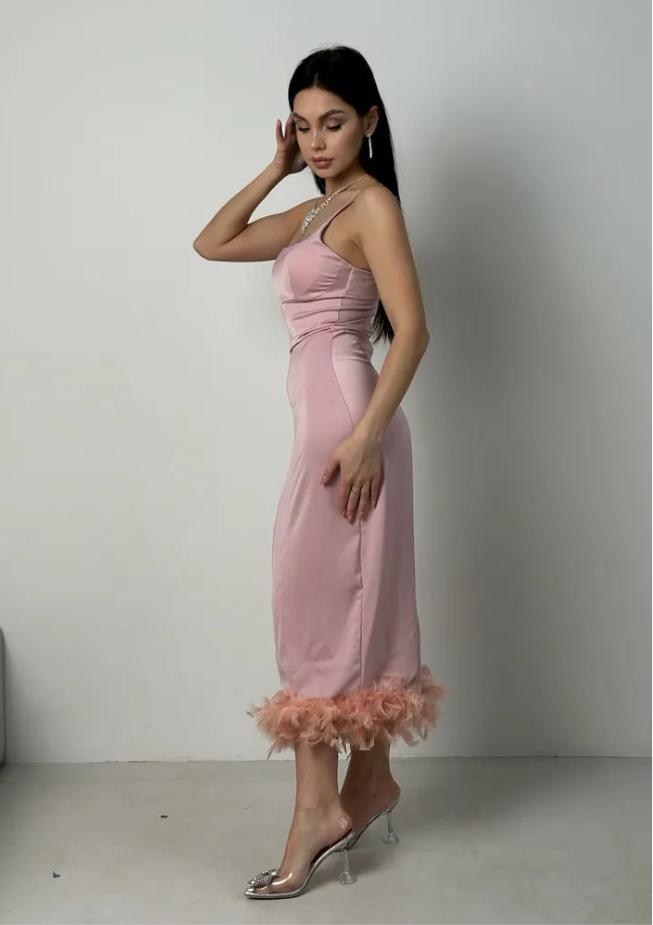 Pink Satin Tea-Length Feather Spaghetti Strap Mermaid Evening Prom Evening Dress,ZX219