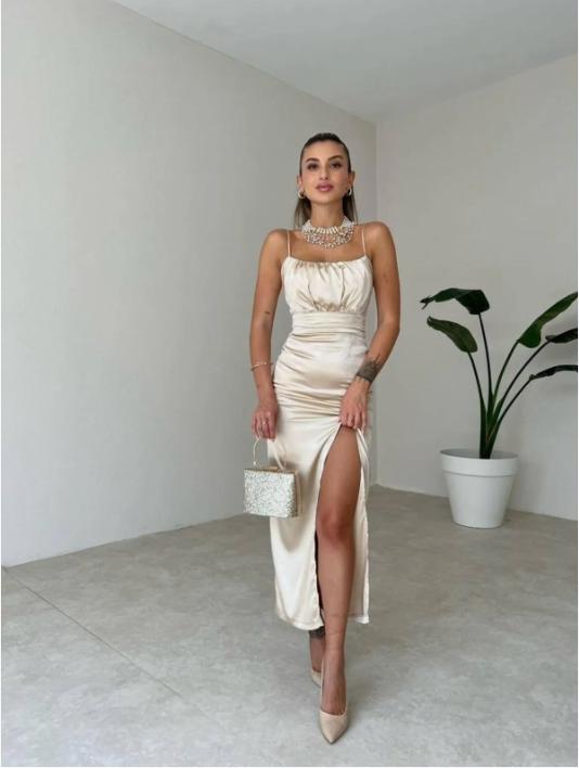 Charming Champagne Women Side Slit Long Evening Prom Evening Dress,ZX222