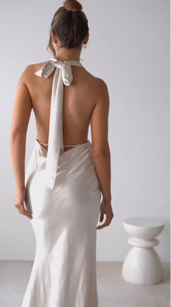 Unique White Soft Satin Deep V-Neck Backless Halter Evening Prom Evening Dress,ZX218