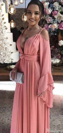 Elegant Deep V-neck Spaghetti Strap A-line Long Prom Dress Ideas, Evening Party Dresses,ZX767