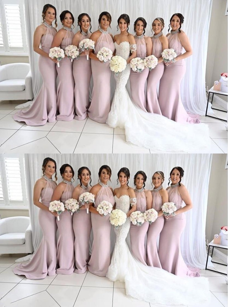 Mermaid Pearl-Pink Halter Sleeveless Tea-Length Bridesmaid Dresses Online, BL50