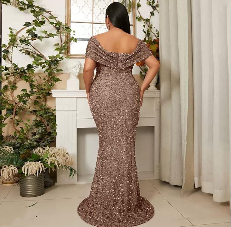 Alluring Sliver Sequin Off Shoulder Mermaid Long Prom Evening Dress,ZX319