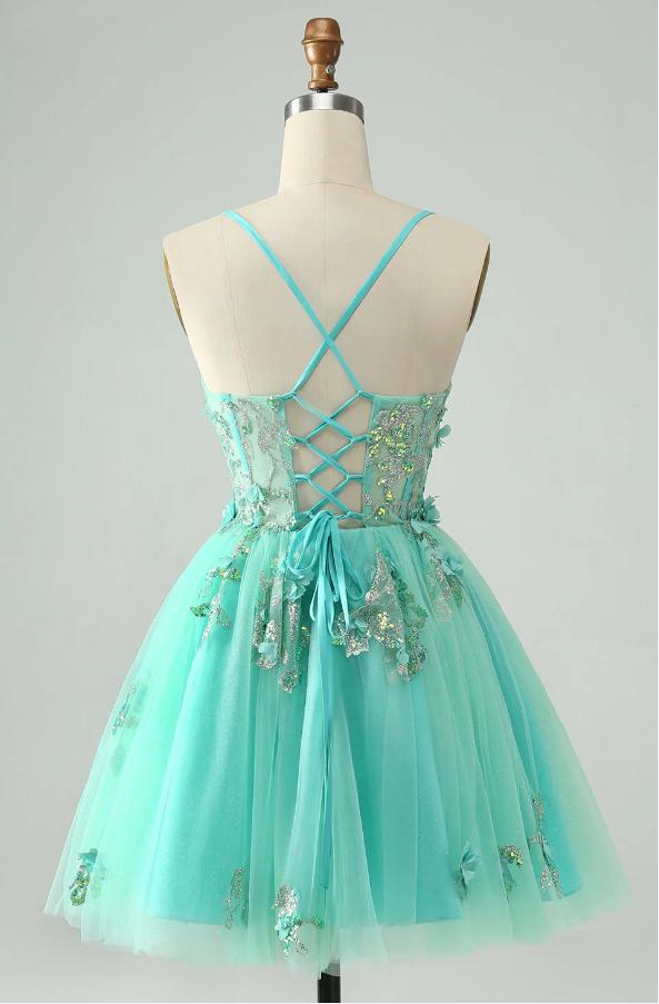 Green Beautiful Spaghetti Strap Tulle Appliqued A-Line Mini Homecoming Dresses, HM80