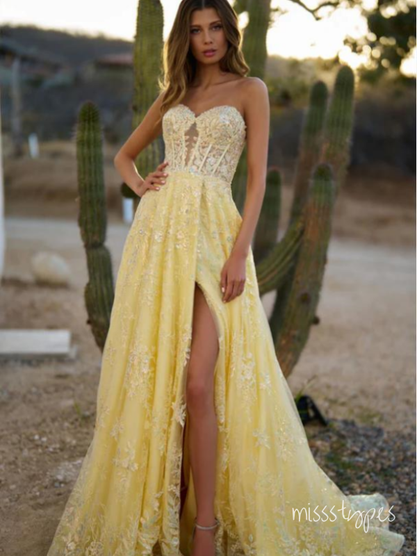 Pretty Lemon Strapless Side Slit Tulle Appliqued Floor-Length Long Prom Evening Dress,ZX353