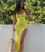 Yellow Sexy Square Side Slit Spaghetti Strap Long Prom Evening Dress,ZX329