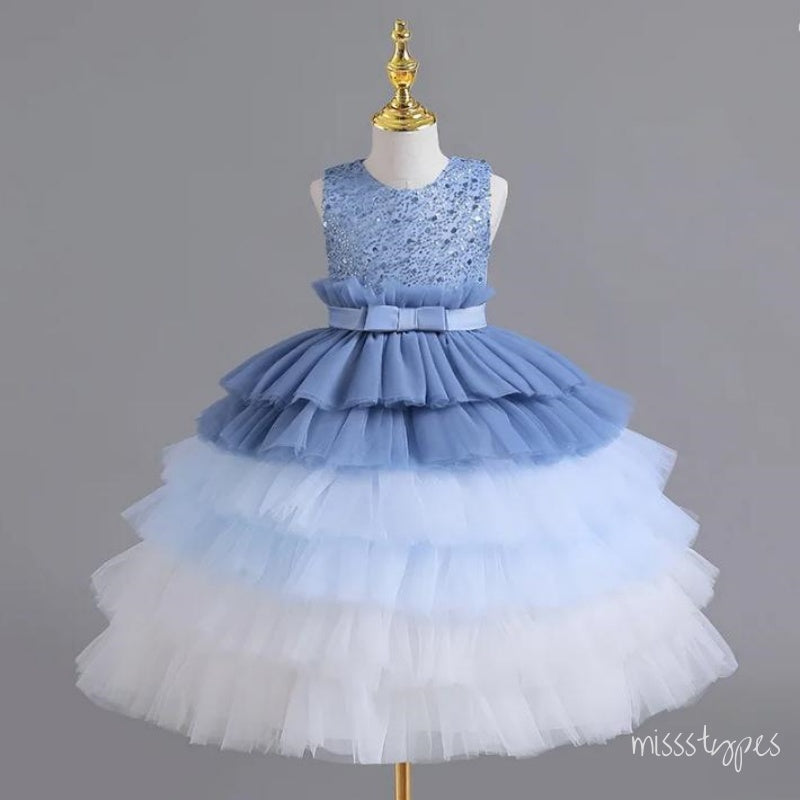 Pretty Graded Blue Beaded Strapless Princess Cute Little Flower Girl Dresses, ET59