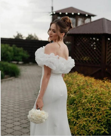 Ruffle Women Off Shoulder Side Slit White Mermaid Prom Evening Dress,ZX253