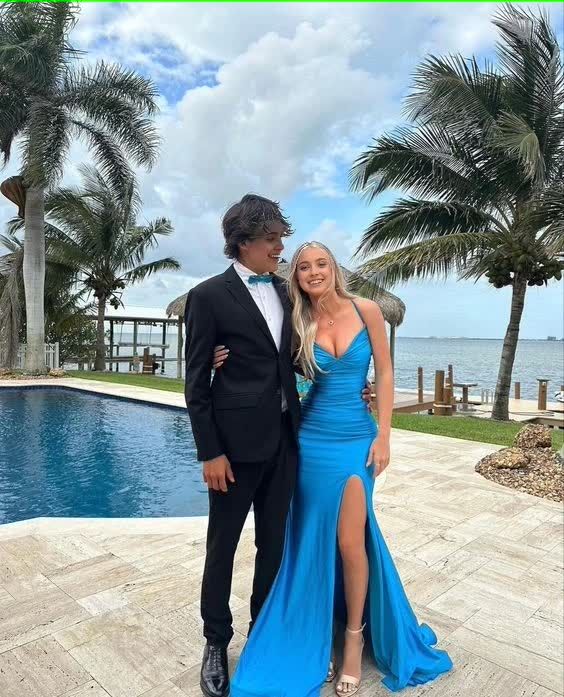 Sexy Blue Mermaid Side Slit V-neck Maxi Long Prom Evening Party Dresses,ZX405