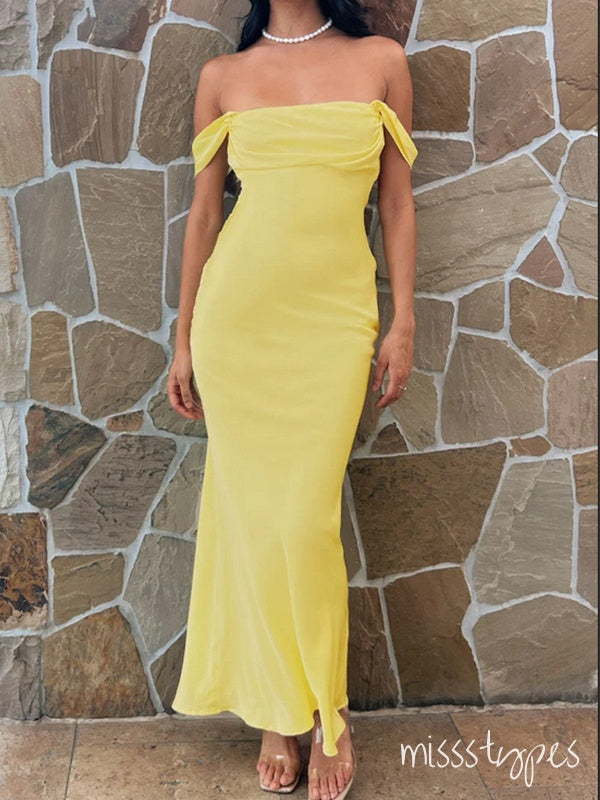 Simple Lemon Yellow Off Shoulder Backless Straight Across Long Prom Dresses,ZX58