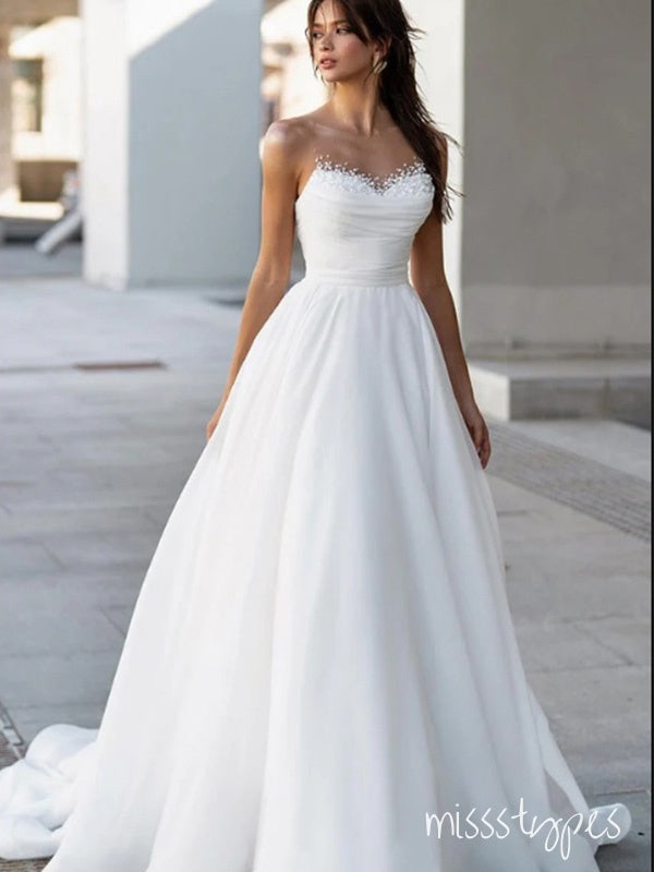 Elegant White Sweetheart Beading Strapless A-Line Long Fashion Wedding Dresses,HS69