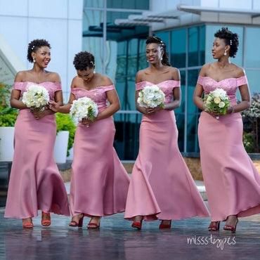 Simple Pink Off Shoulder Appliqued Tea-Length Mermaid Long Bridesmaid Dresses Online, BL140