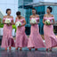 Simple Pink Off Shoulder Appliqued Tea-Length Mermaid Long Bridesmaid Dresses Online, BL140