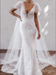 White Chapel Trailing V-Neck Appliqued Tulle Spaghetti Strap Mermaid Wedding Dresses HS64