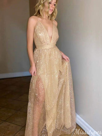 Sexy Deep V-neck A-line Long Prom Dress Ideas, Evening Party Dresses,ZX776