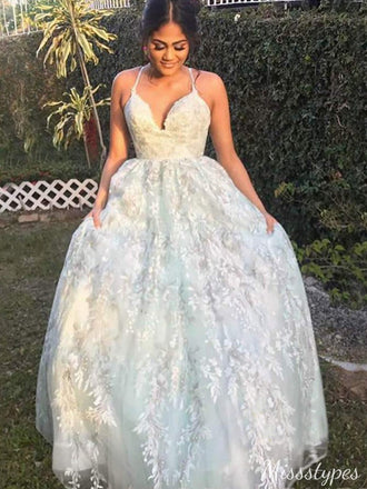 Formal Spaghetti Strap V-neck A-line Long Prom Dress Ideas, Evening Party Dresses,ZX777