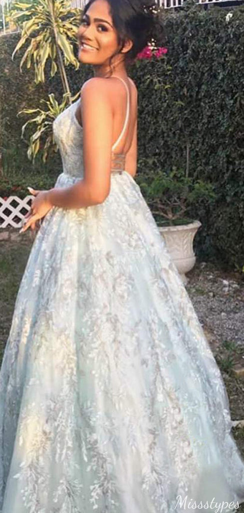 Formal Spaghetti Strap V-neck A-line Long Prom Dress Ideas, Evening Party Dresses,ZX777