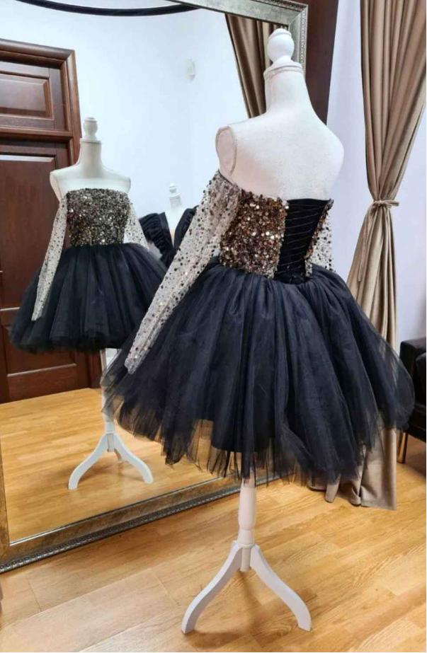 Elegant A-Line Tulle Black Appliqued Beading Women Mini Party Homecoming Dresses,HM259